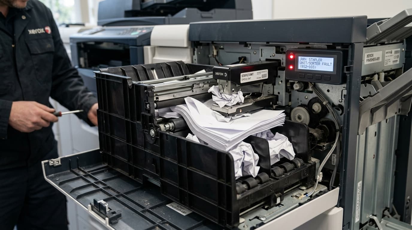 Fix Xerox 077 Finisher Errors: Stapler Jams & Sorter Faults