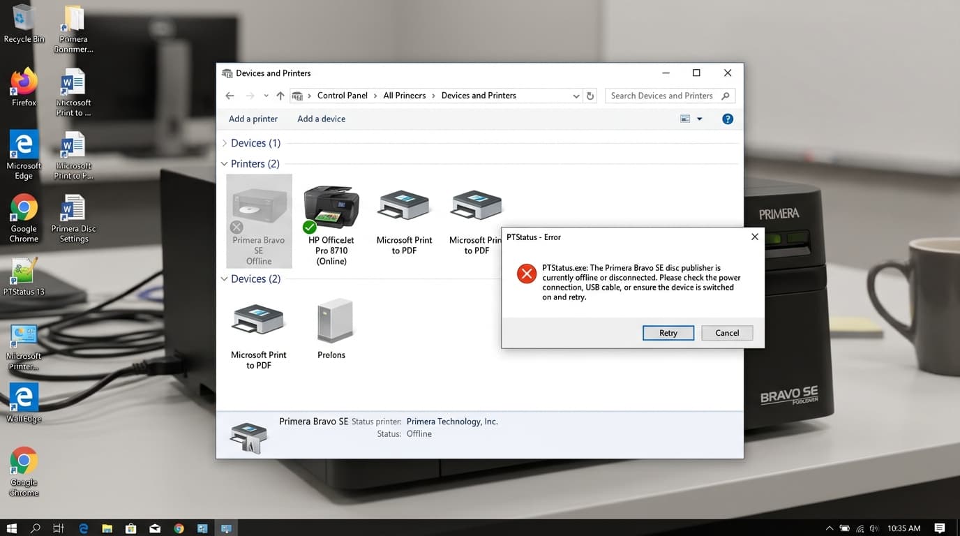 Troubleshoot Primera Printer Offline, Error State & PTStatus Won't Open