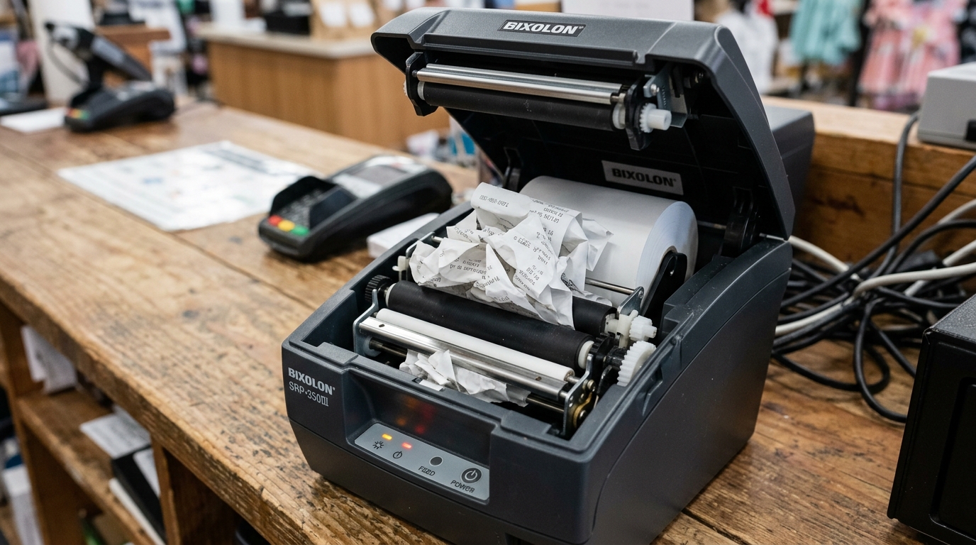 How to Fix a Bixolon Printer Paper Jam (Step-by-Step) Bixolon printer with a crumpled receipt paper jam inside