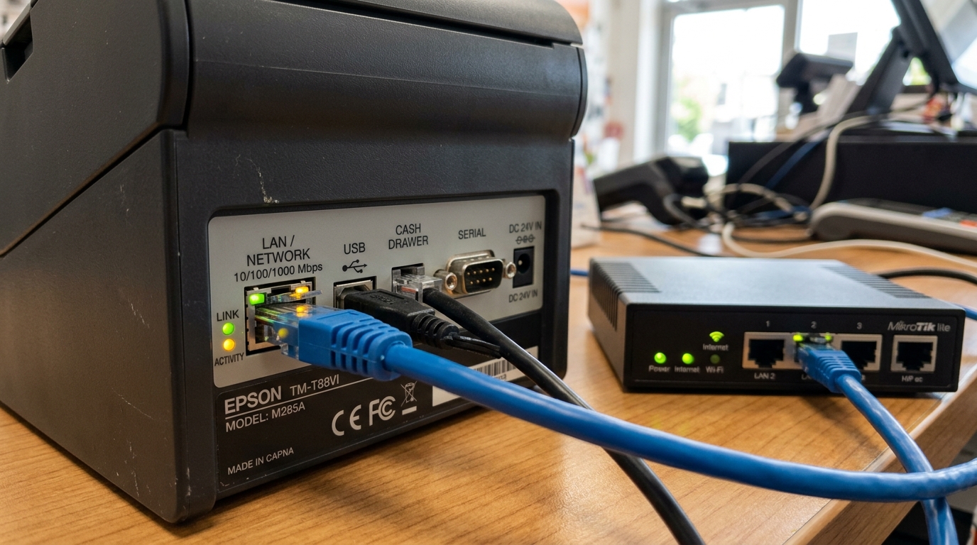 Bixolon Ethernet Printer Static IP Configuration and Network Setup Rear panel of thermal receipt printer with blue Ethernet RJ45 network cable and router