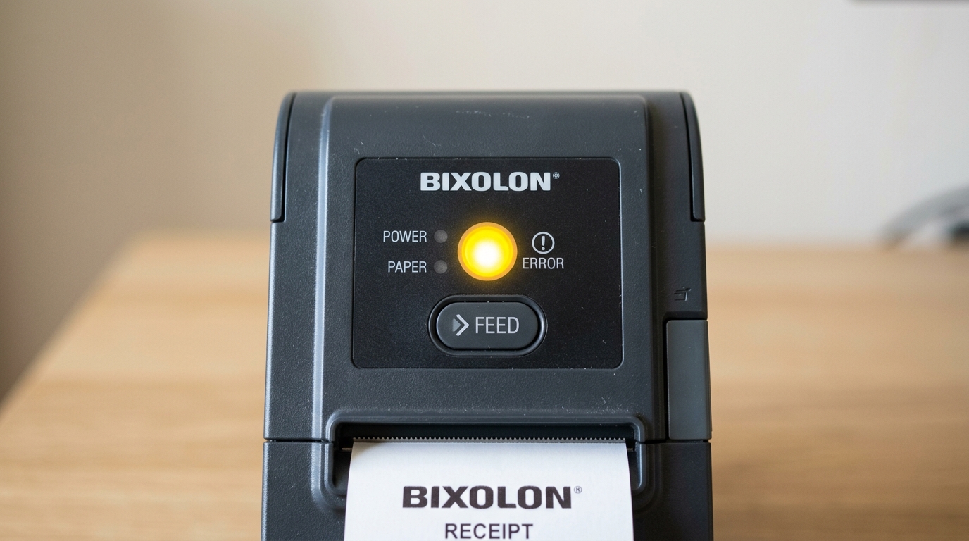 Bixolon Printer Stuck on Yellow Light: Here's What to Do Bixolon receipt printer with a solid yellow status light illuminated in an office