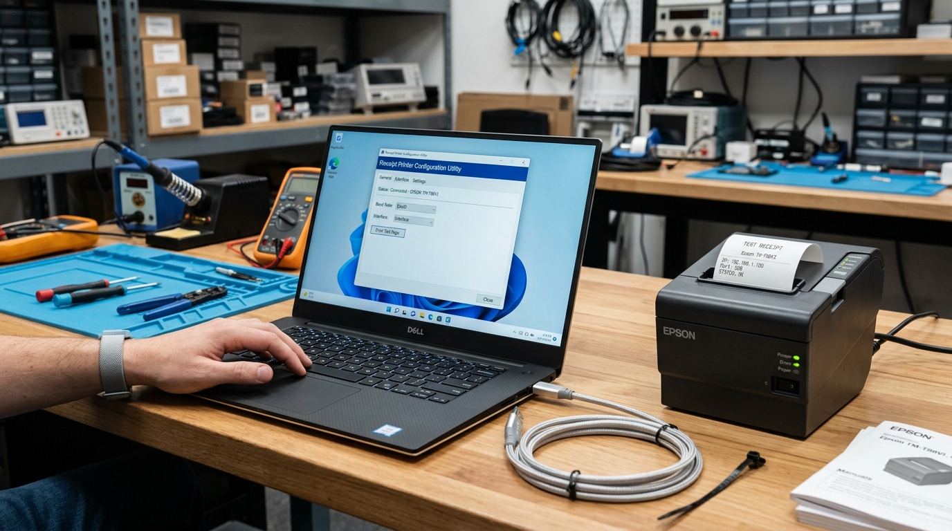 Bixolon Unified Printer Utility Detection and Port Configuration Laptop technician running receipt printer configuration utility connected via USB cable to printer