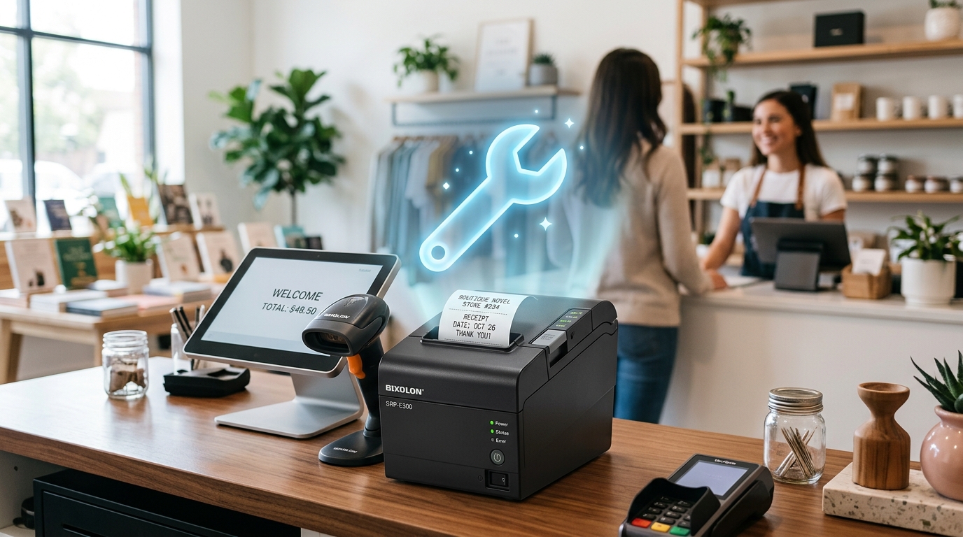 Bixolon SRP-E300 Troubleshooting Guide: Setup & Error Fixes Bixolon SRP-E300 thermal printer next to a retail POS system