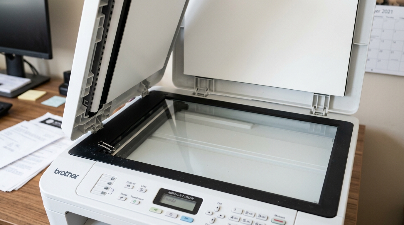 Brother Printer Error 30 (Unable to Print)? Quick Fix Brother printer with scanner cover fully raised showing the inner print carriage area