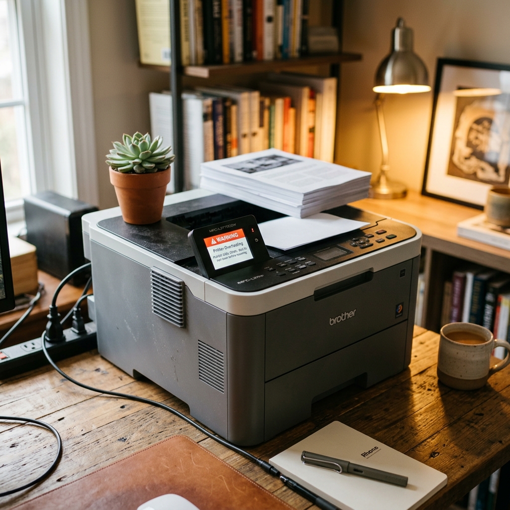 Brother Printer Error 40 (Overheating)? What to Do Brother laser printer in a warm office environment showing an overheating warning on its screen