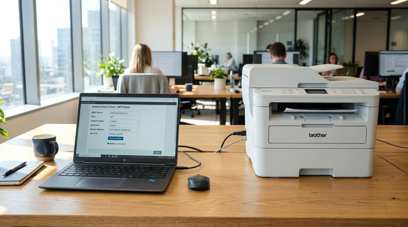 Canon Scan to Email Setup Laptop displaying network scan to email SMTP setup next to an office laser printer