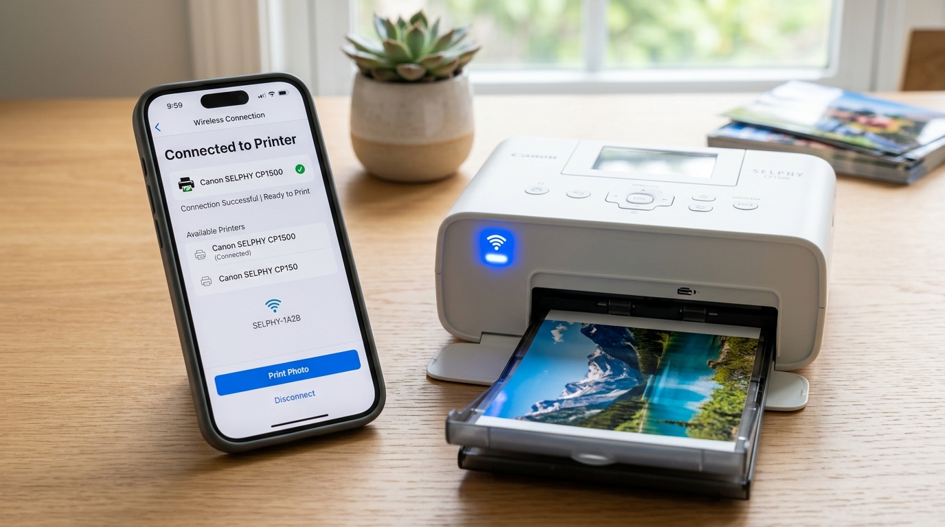 Canon SELPHY Wireless Setup Smartphone showing wireless printer connection screen next to compact photo printer with blue Wi-Fi light