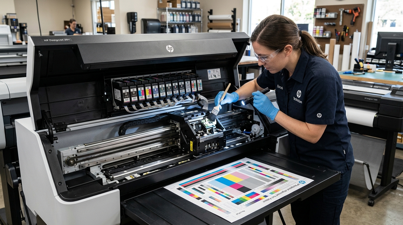 HP DesignJet Printhead Alignment Diagnostic and Sensor Fix Technician inspecting carriage bay optical line sensor and test pattern on HP DesignJet plotter