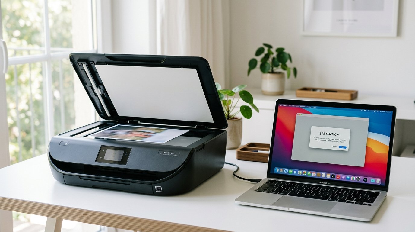 HP OfficeJet 4650 Scanner Not Working on Mac HP OfficeJet 4650 printer with scanner lid open next to a MacBook showing a scanner error dialog