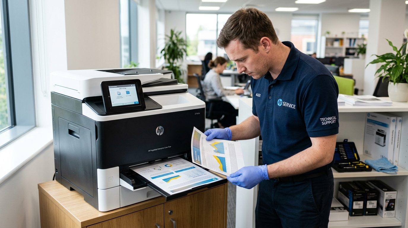 HP PageWide Printhead Recovery and Banding Streaks Fix Technician examining color test printout from HP PageWide enterprise printer with banding lines
