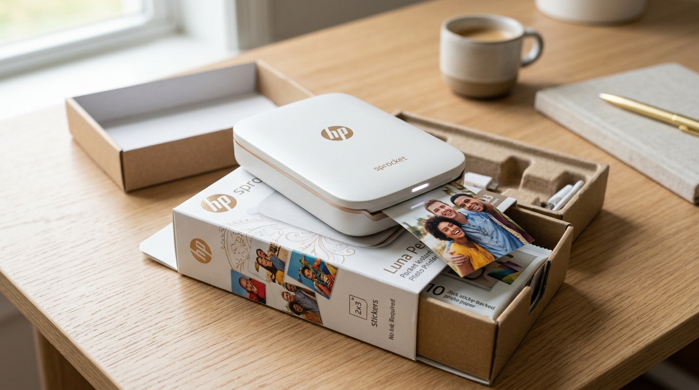 HP Sprocket Luna Pearl Setup and Unboxing Guide HP Sprocket Luna Pearl pocket photo printer unboxing with retail box and glossy photo print