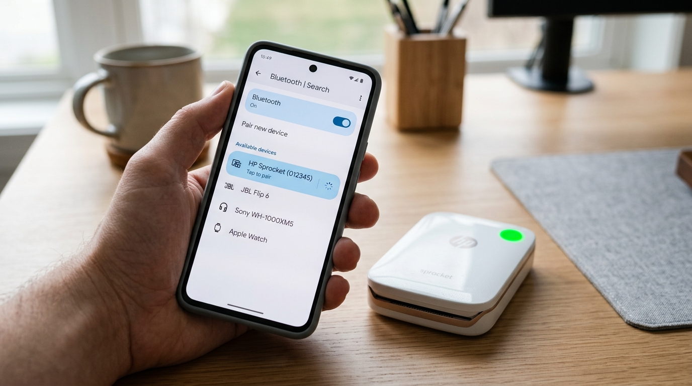 HP Sprocket Bluetooth Pairing and Connection Troubleshooting Smartphone searching for Bluetooth connection next to compact HP Sprocket pocket printer