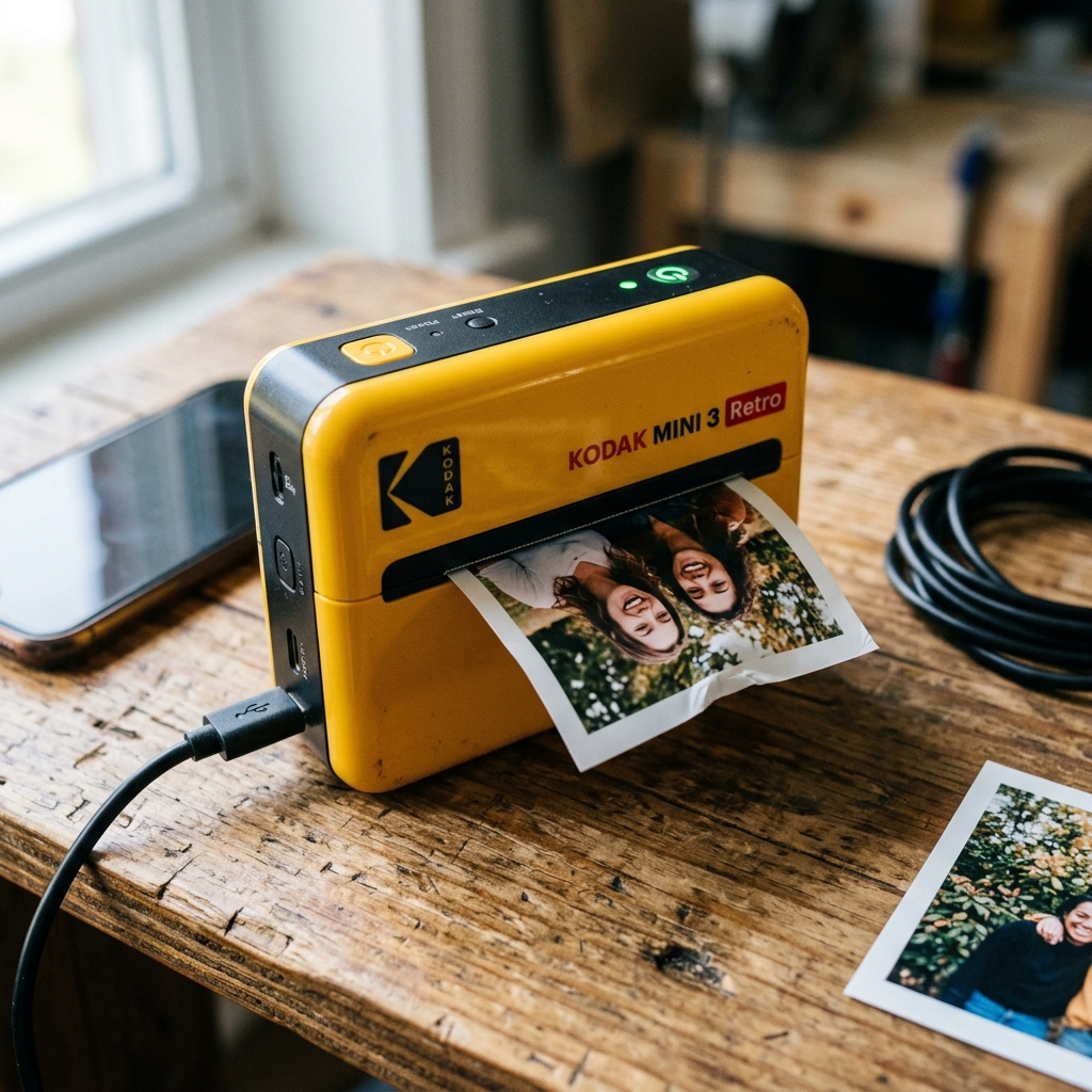 Kodak Mini 3 Retro Stops Printing Halfway: 4PASS Cycle Fix A partially printed photo from a Kodak Mini 3 Retro showing only the yellow color pass completed