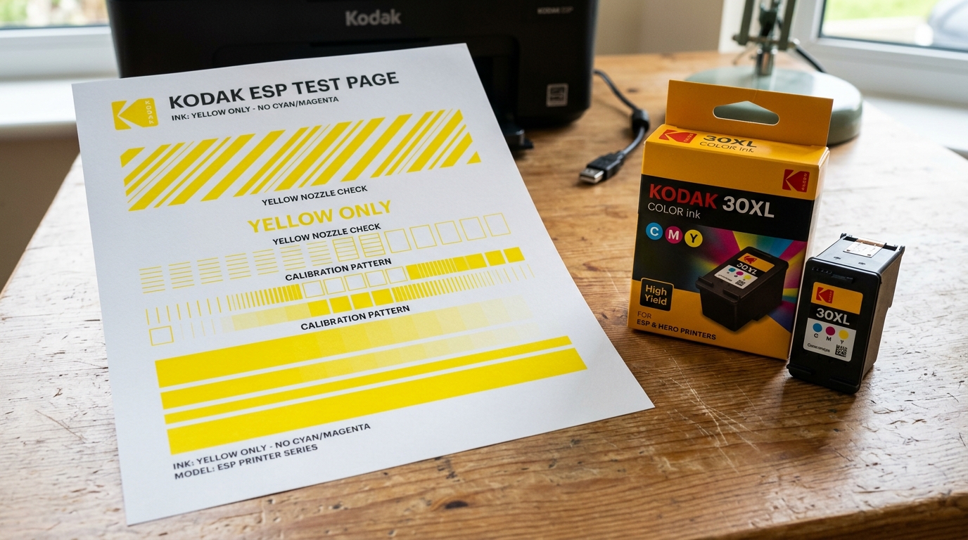 Kodak Printer Prints Only Yellow? Ink Contamination Fix A test print page showing contaminated color bands where cyan is mixing with yellow