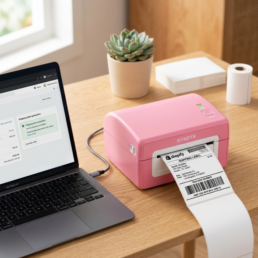 Shopify 4x6 Labels on Munbyn: Settings That Work Pink Munbyn label printer successfully printing 4x6 Shopify shipping labels