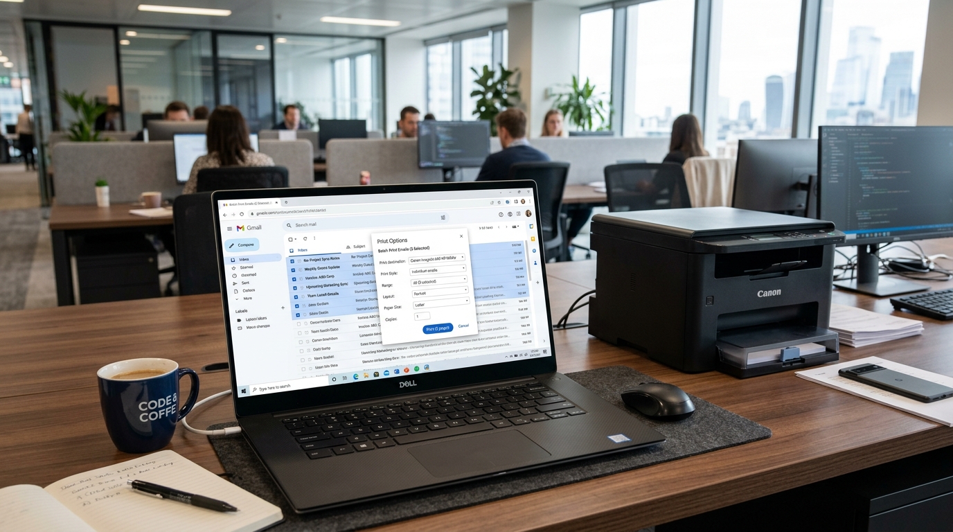 Batch Print Multiple Gmail Emails Guide Laptop displaying Gmail web interface with multiple selected emails and batch print dialogue